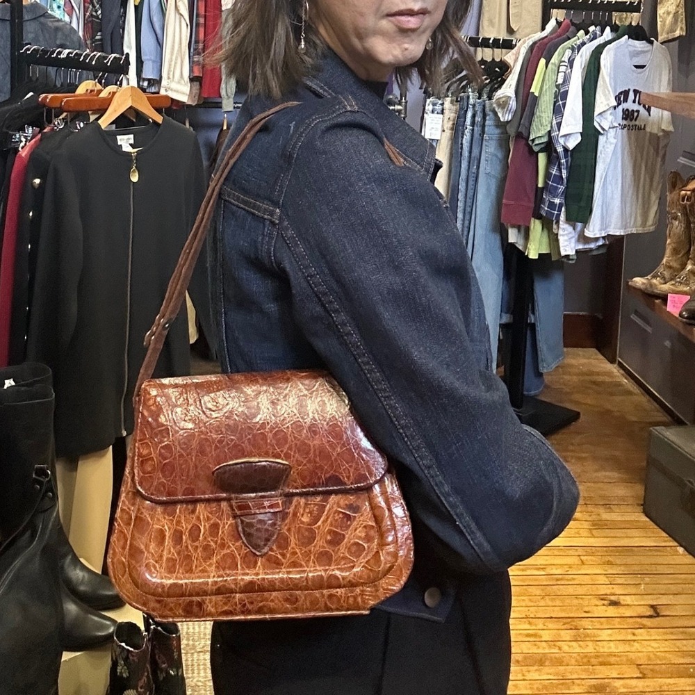 1970s Genuine Alligator Belly Crossbody Bag Cognac Convertible Vintage Brown